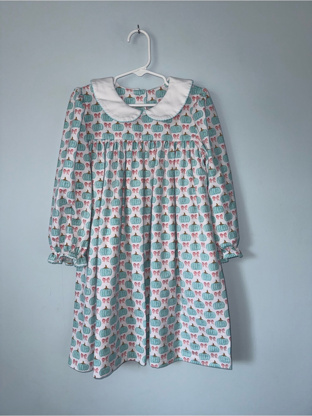 Girls' White Dress with Mint Pumpkin Print and Peter Pan Collar